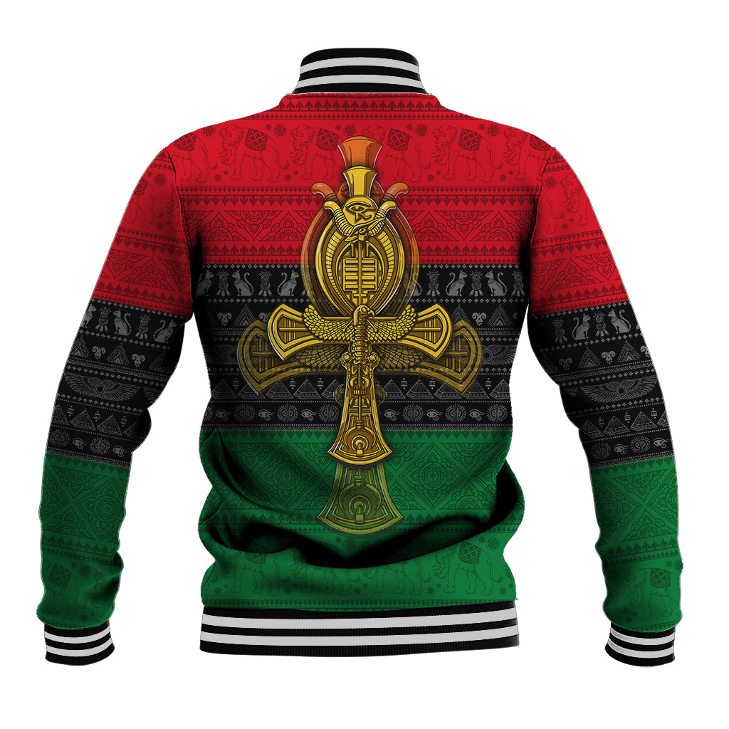 Unisex black-and-red-and-green baseball jacket with large gold cross ankh on back
