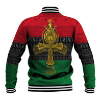 Unisex black-and-red-and-green baseball jacket with large gold cross ankh on back