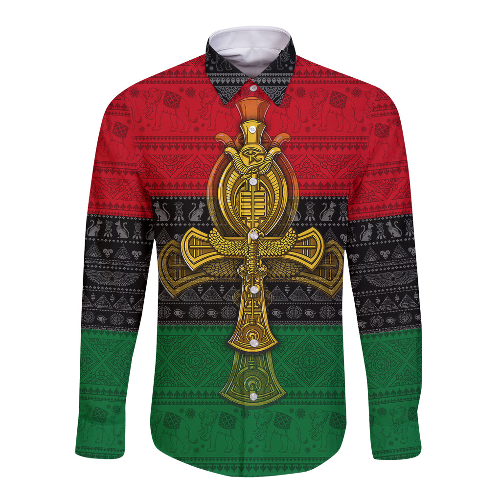 Ankh long-sleeve button shirt with red, green, and black print and gold emblem front