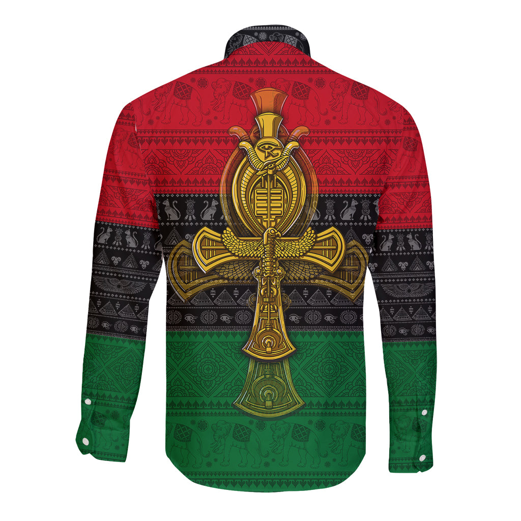 Ankh long-sleeve button shirt with back print in red, green, black, and gold emblem