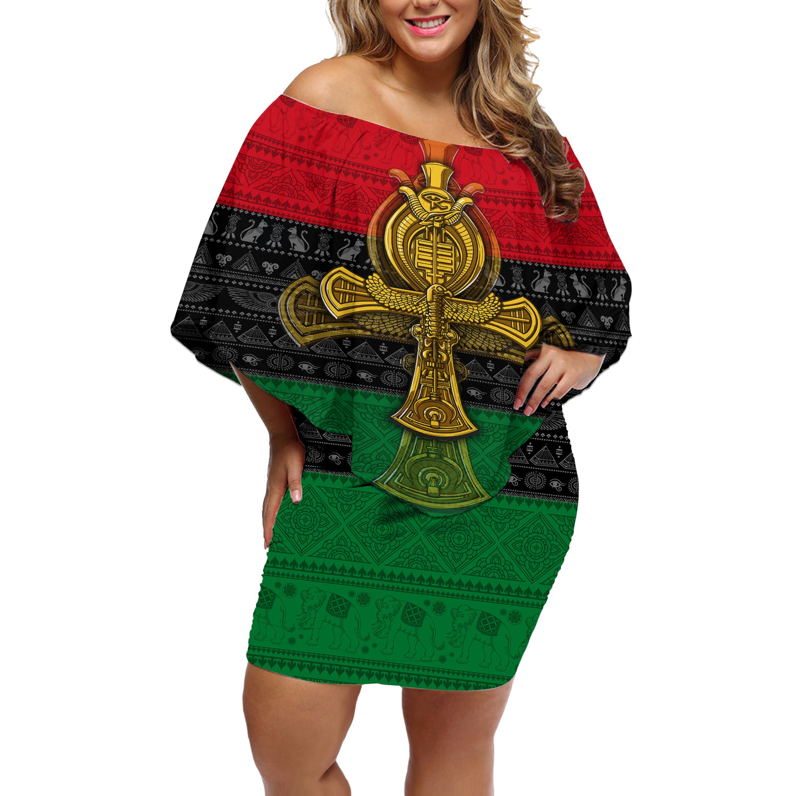 Pan African Ankh Off Shoulder Short Dress - Wonder Print Shop