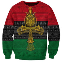 Unisex ankh sweatshirt with large gold cross-ankh print; red, black, and green pattern