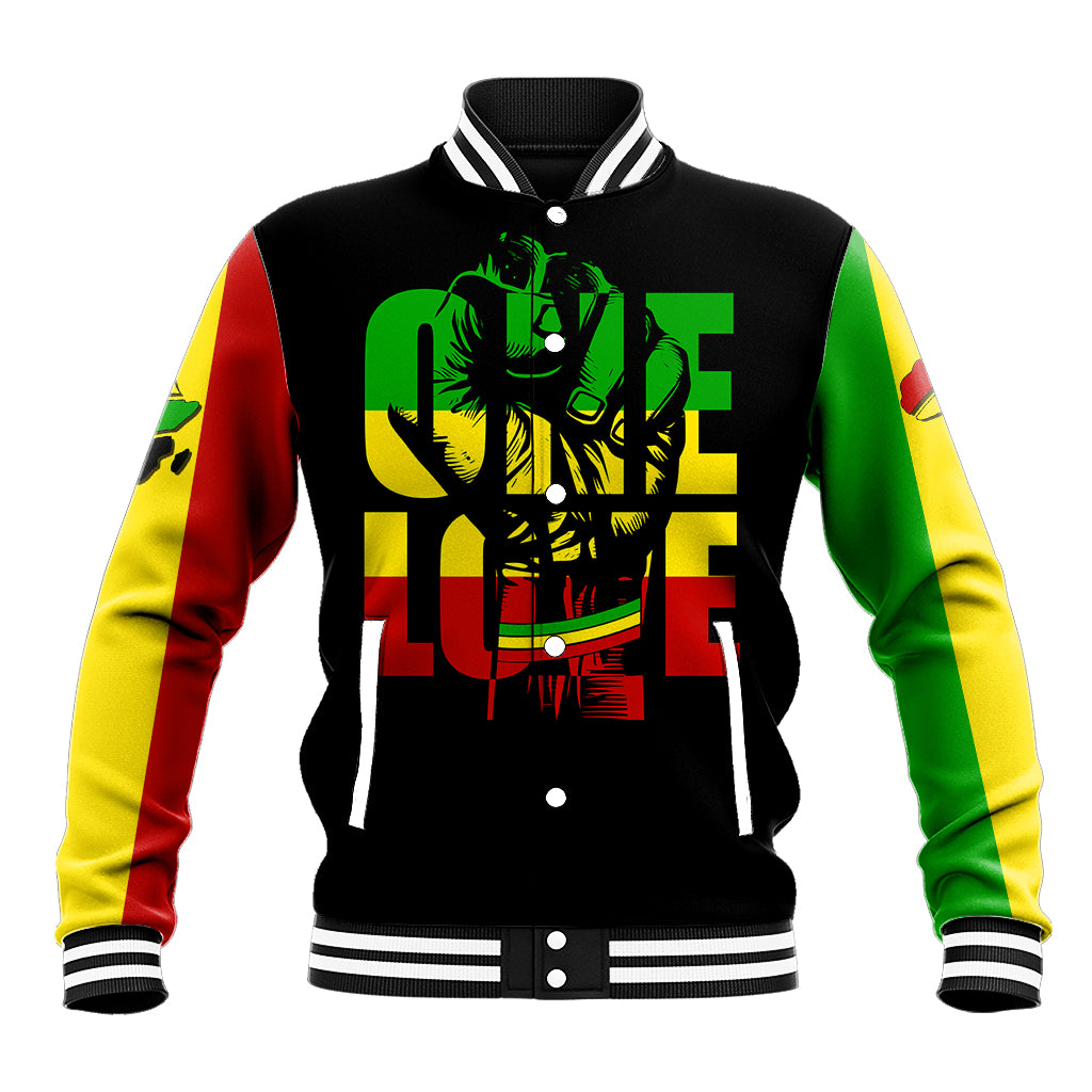 Unisex black baseball jacket with striped ribbed collar, snap buttons, colorful 'ONE LOVE' graphic