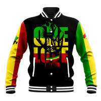 Unisex black baseball jacket with striped ribbed collar, snap buttons, colorful 'ONE LOVE' graphic