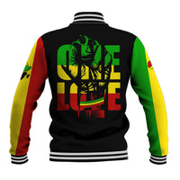 Unisex black baseball jacket with striped ribbed collar and cuffs, colorful back 'ONE LOVE' graphic