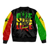 Black bomber jacket with back graphic and ribbed hem, red/yellow/green sleeves