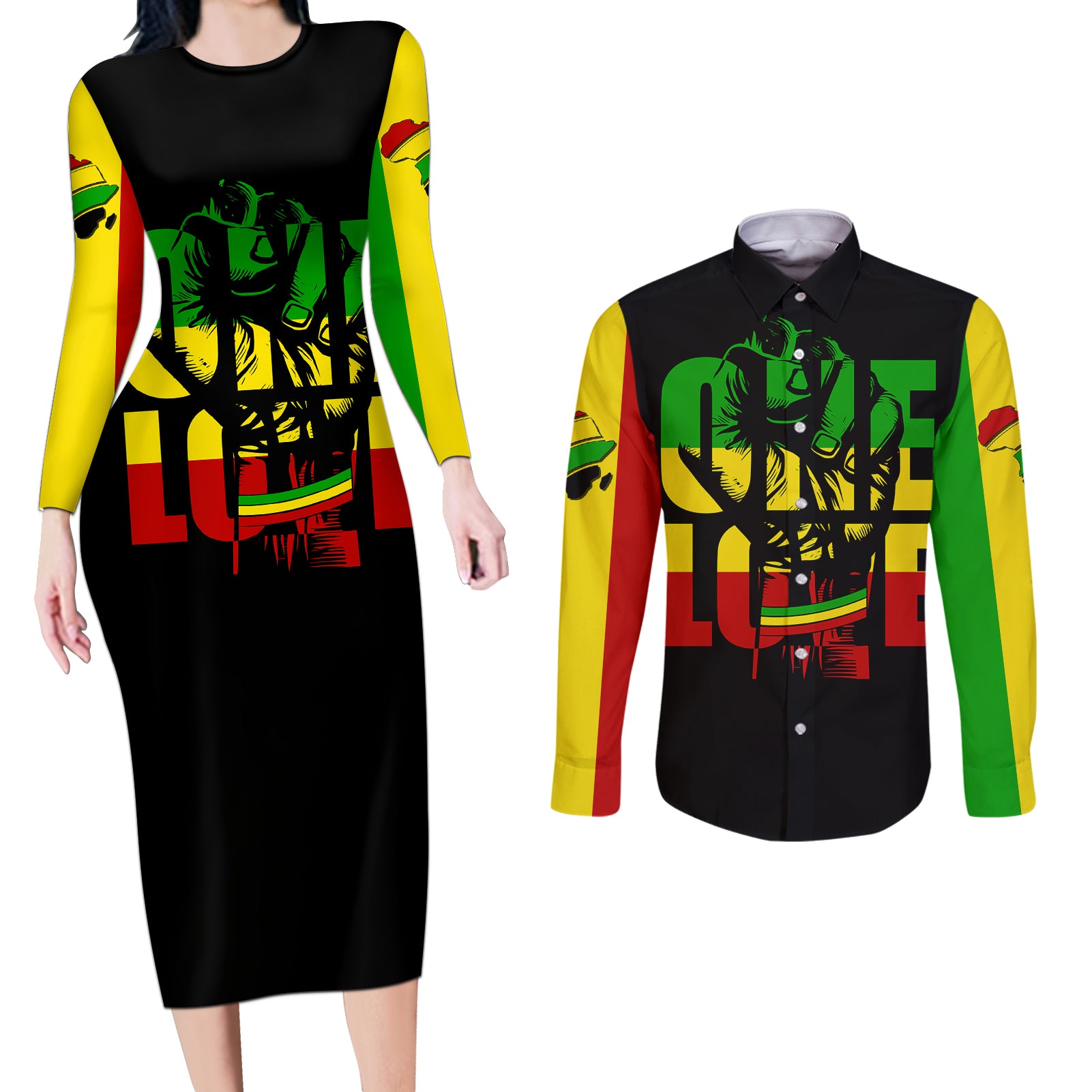 Reggae One Love Couples Matching Long Sleeve Bodycon Dress and Long Sleeve Button Shirts African - Wonder Print Shop