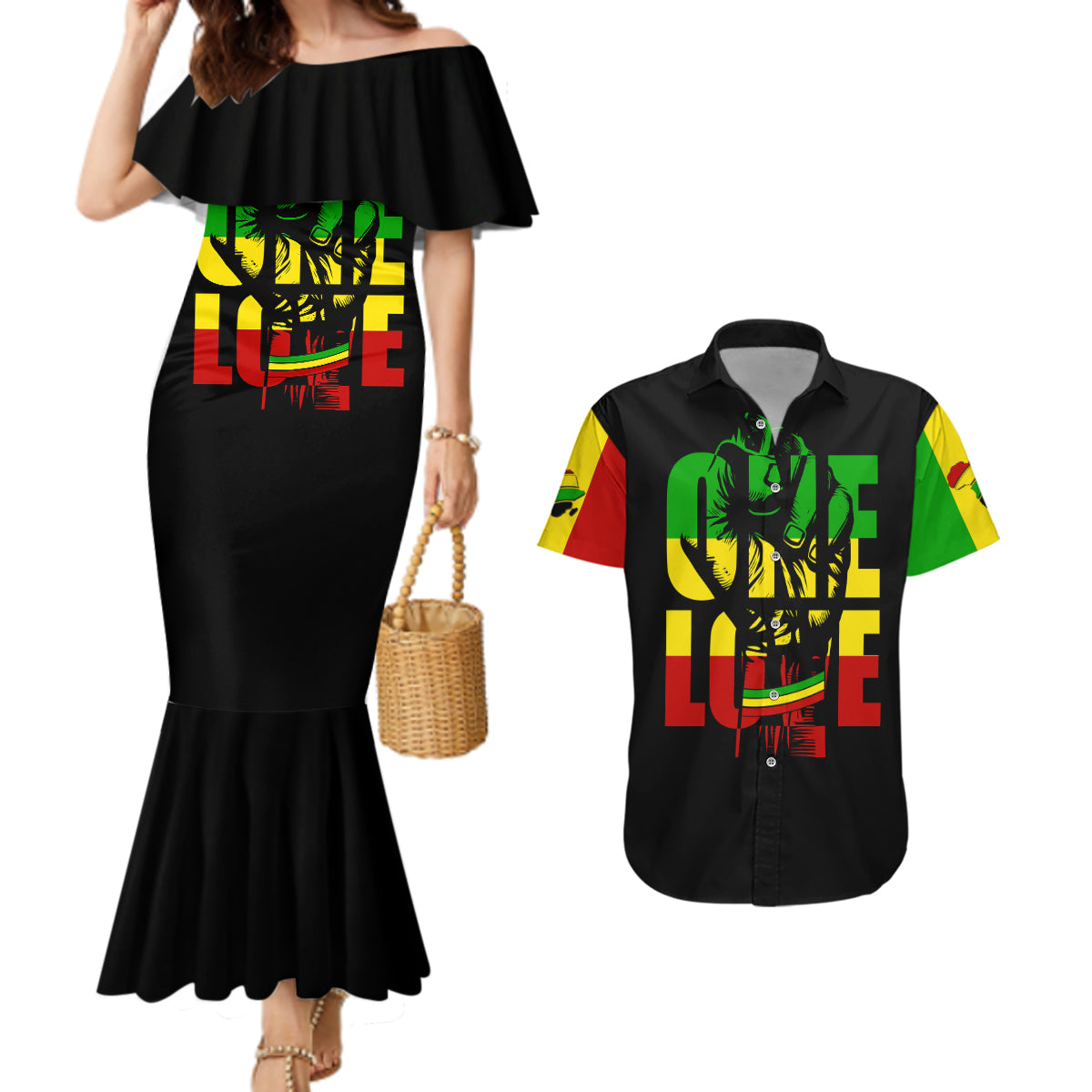 Reggae One Love Couples Matching Mermaid Dress and Hawaiian Shirt African - Wonder Print Shop