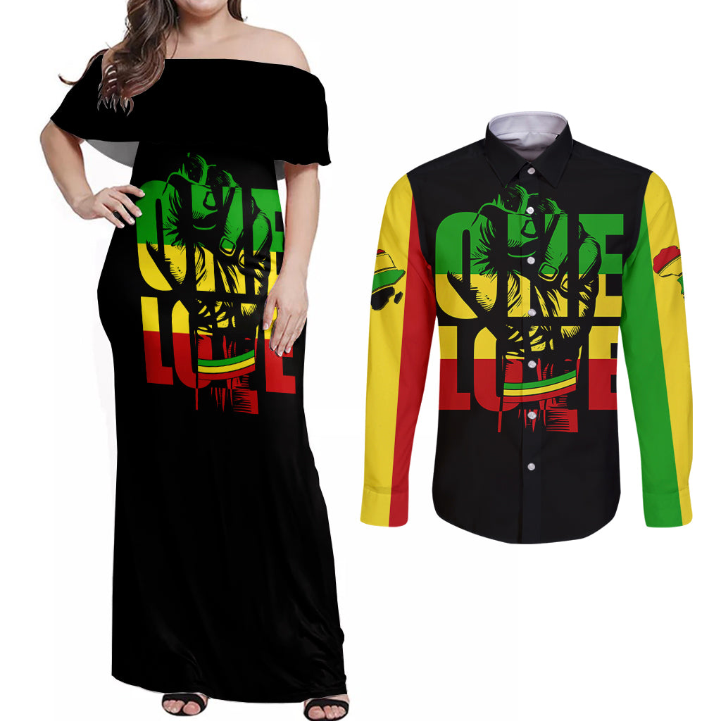 Reggae One Love Couples Matching Off Shoulder Maxi Dress and Long Sleeve Button Shirts African - Wonder Print Shop