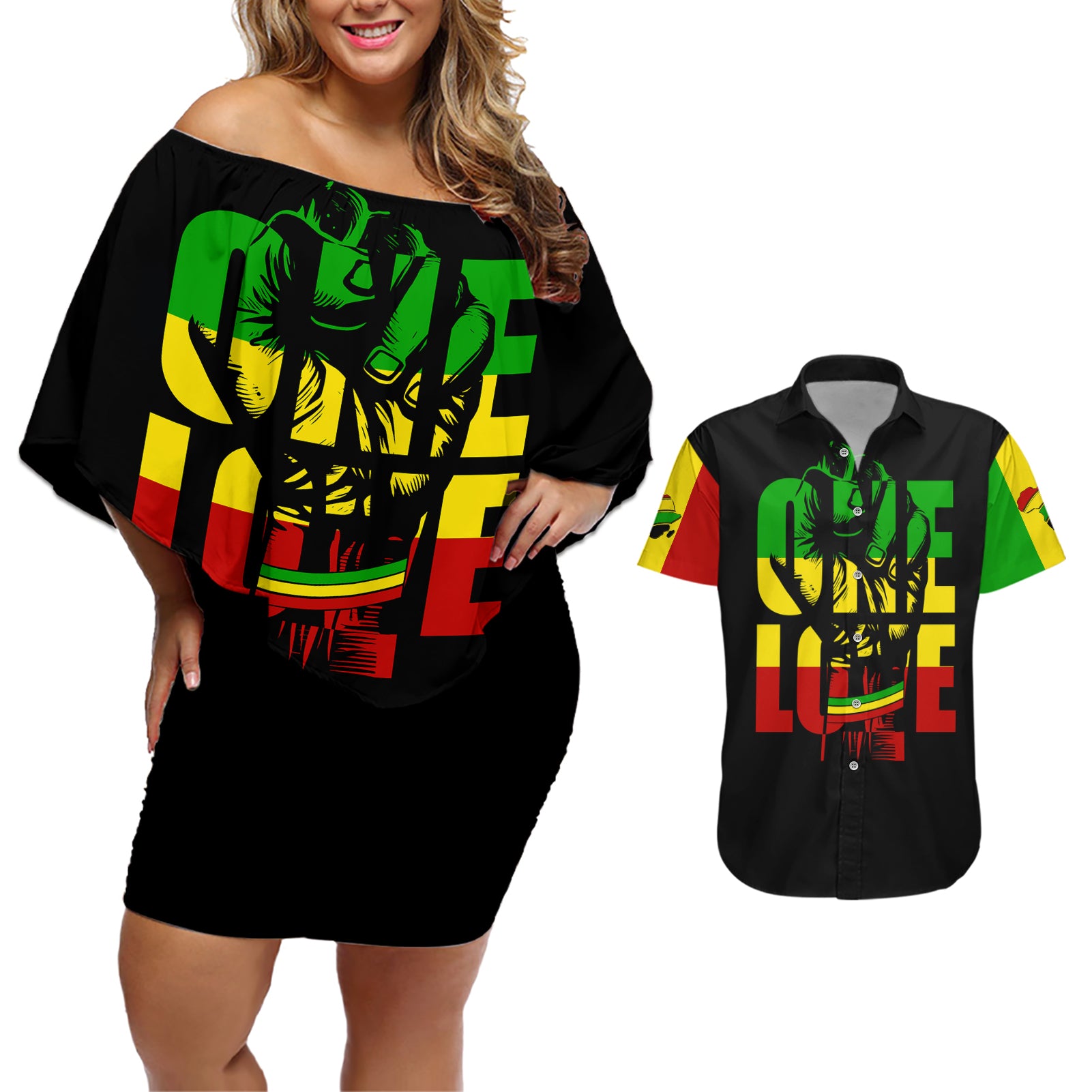 Reggae One Love Couples Matching Off Shoulder Short Dress and Hawaiian Shirt African - Wonder Print Shop