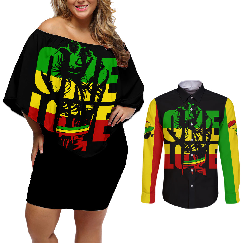 Reggae One Love Couples Matching Off Shoulder Short Dress and Long Sleeve Button Shirts African - Wonder Print Shop