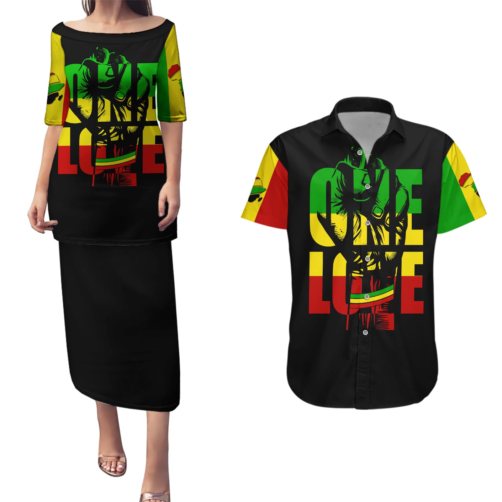 Reggae One Love Couples Matching Puletasi Dress and Hawaiian Shirt African - Wonder Print Shop