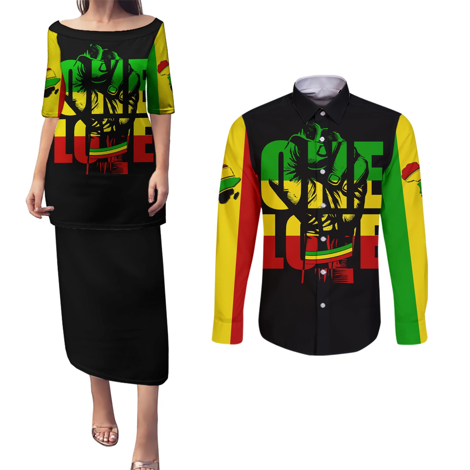 Reggae One Love Couples Matching Puletasi Dress and Long Sleeve Button Shirts African - Wonder Print Shop