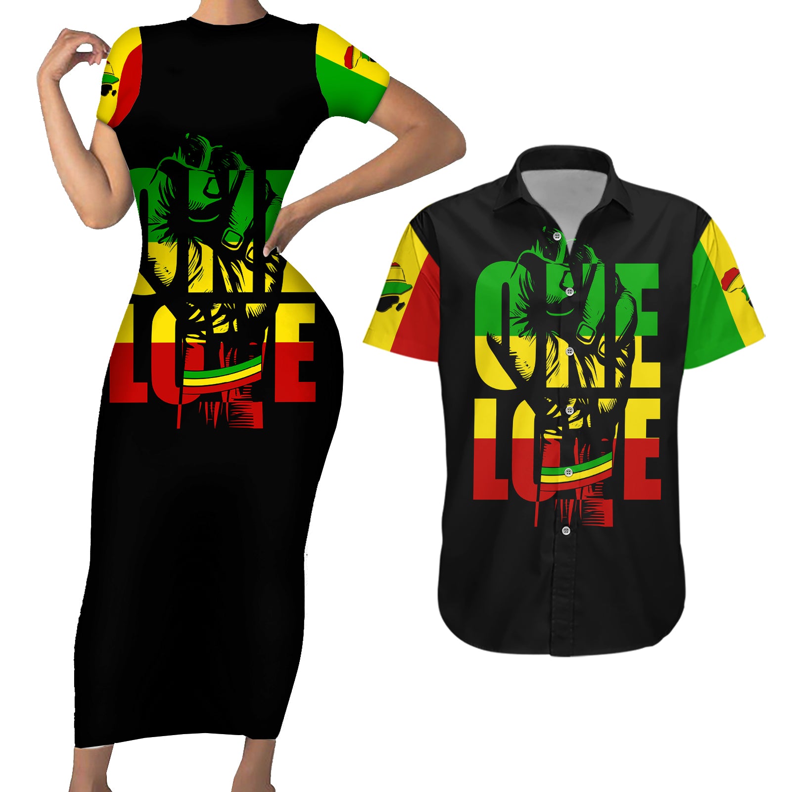 reggae-one-love-couples-matching-short-sleeve-bodycon-dress-and-hawaiian-shirt-african