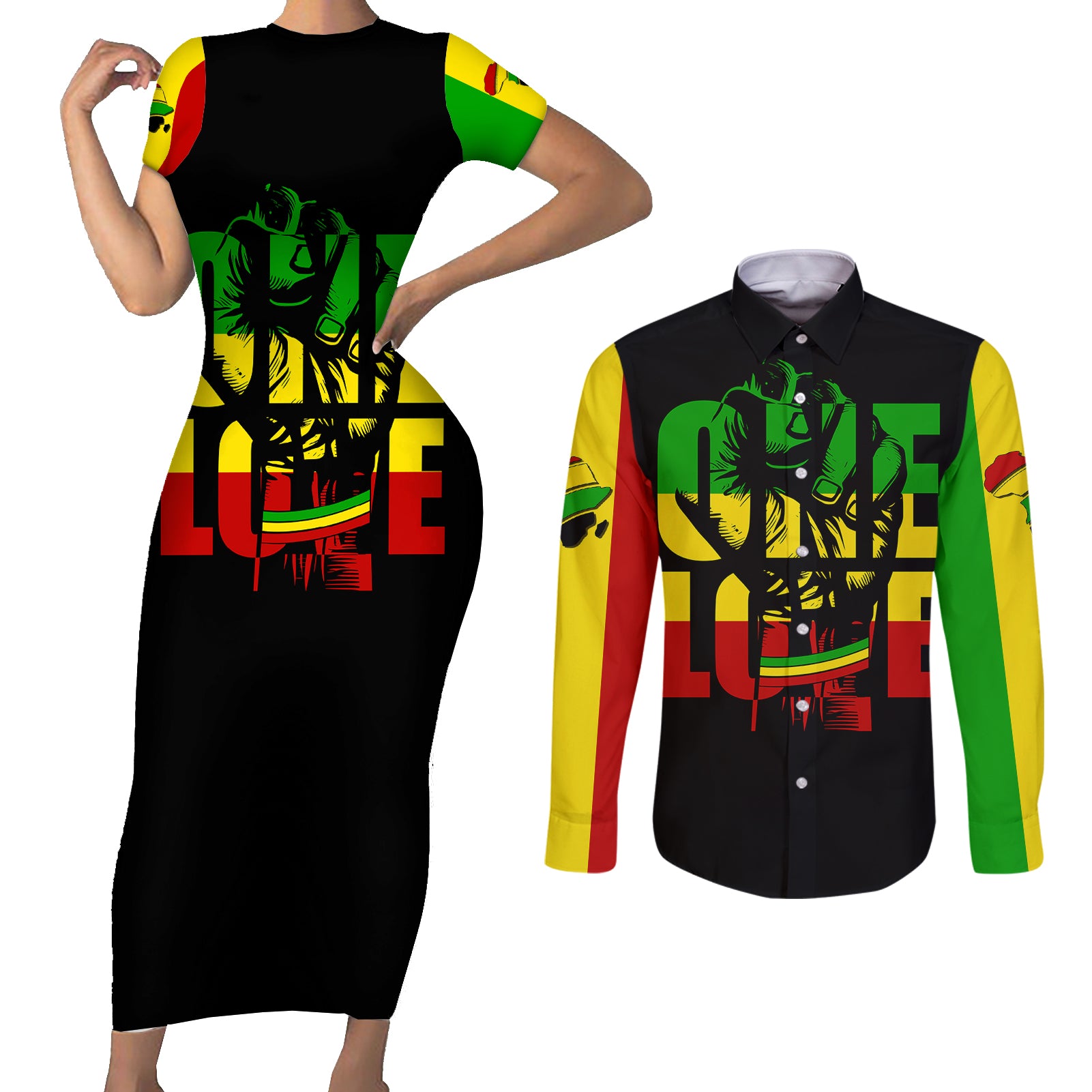 Reggae One Love Couples Matching Short Sleeve Bodycon Dress and Long Sleeve Button Shirts African - Wonder Print Shop