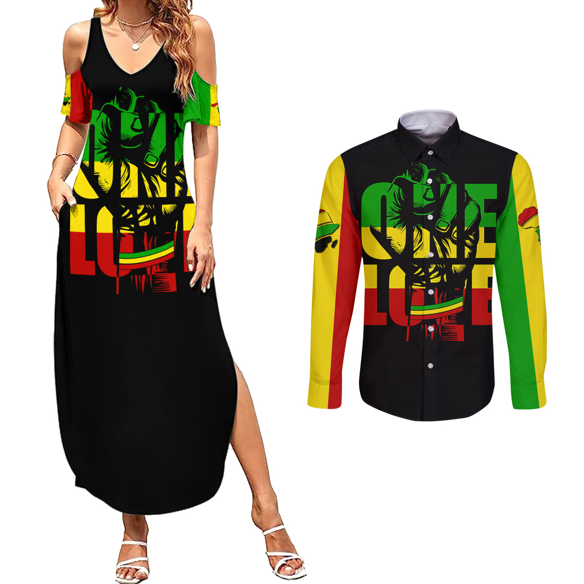 Reggae One Love Couples Matching Summer Maxi Dress and Long Sleeve Button Shirts African - Wonder Print Shop