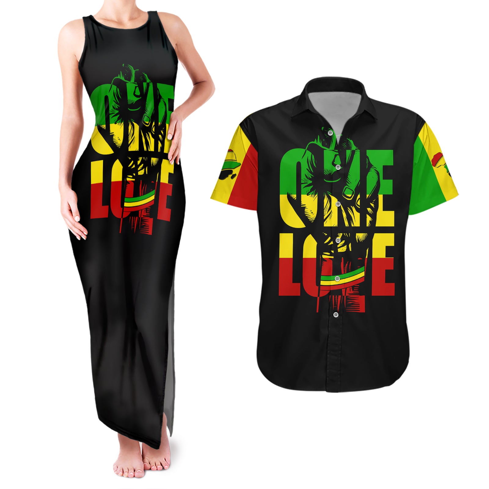 Reggae One Love Couples Matching Tank Maxi Dress and Hawaiian Shirt African - Wonder Print Shop