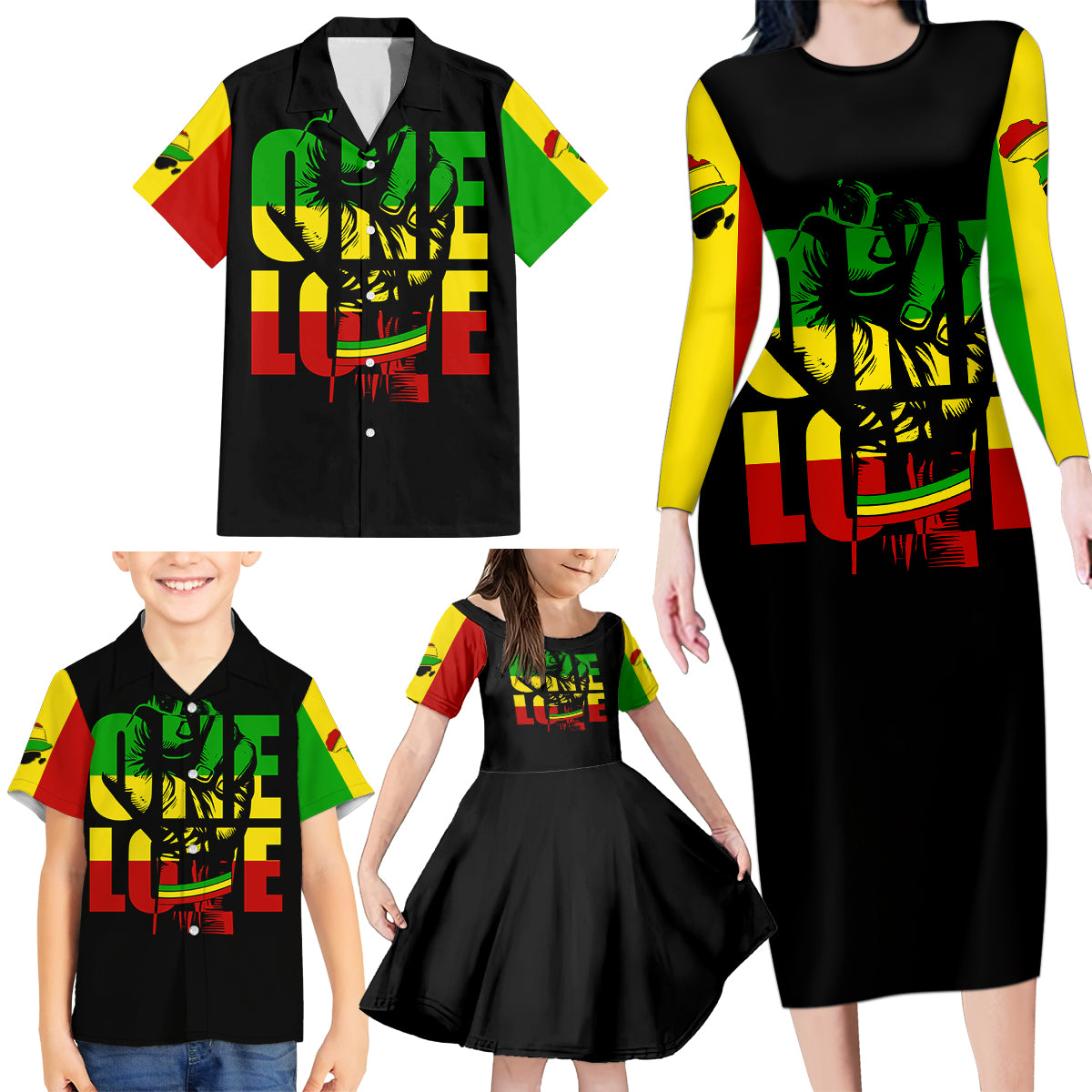 Reggae One Love Family Matching Long Sleeve Bodycon Dress and Hawaiian Shirt African - Wonder Print Shop