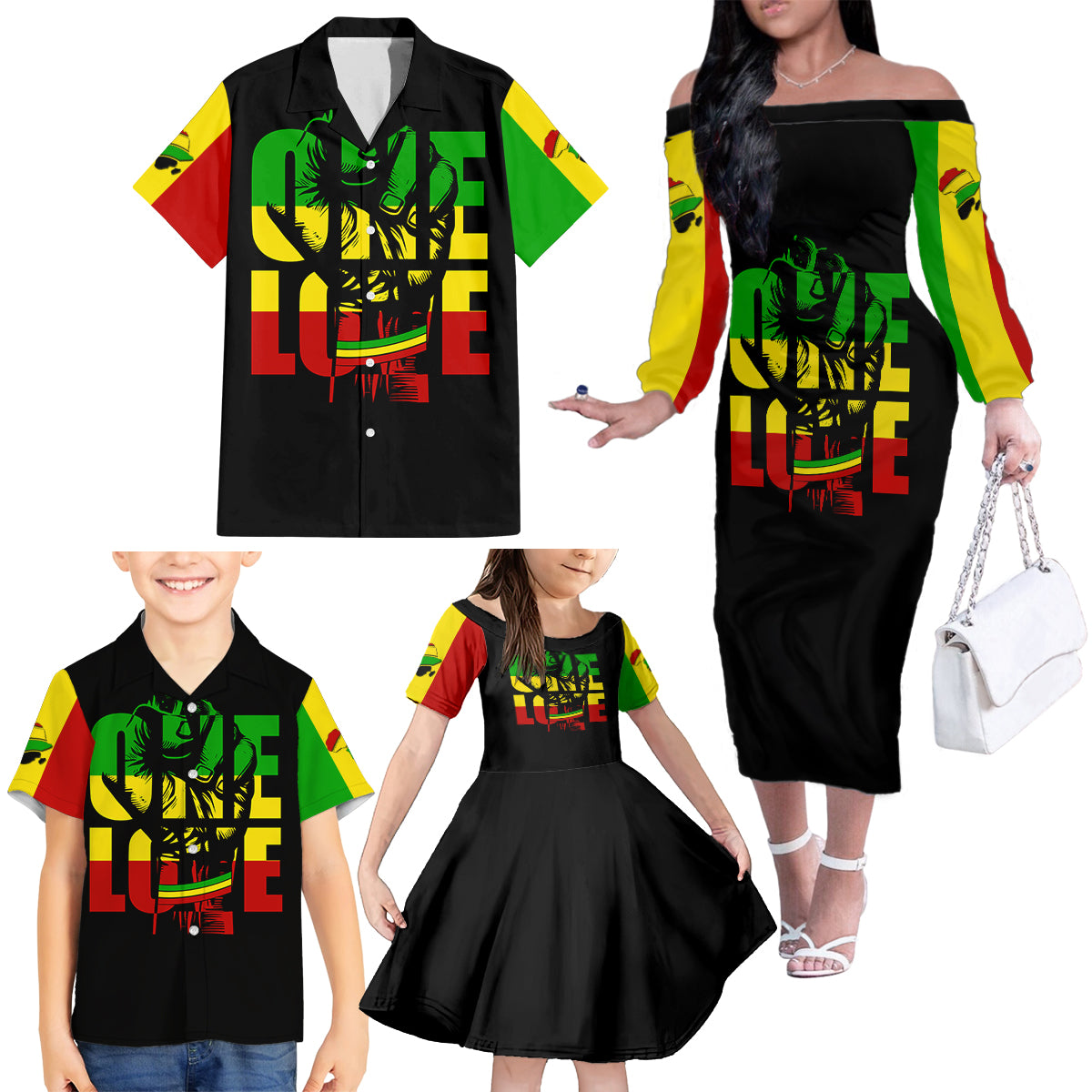 Reggae One Love Family Matching Off Shoulder Long Sleeve Dress and Hawaiian Shirt African - Wonder Print Shop