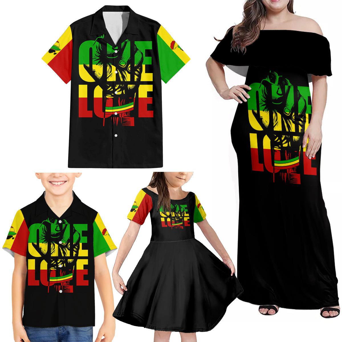 Reggae One Love Family Matching Off Shoulder Maxi Dress and Hawaiian Shirt African - Wonder Print Shop