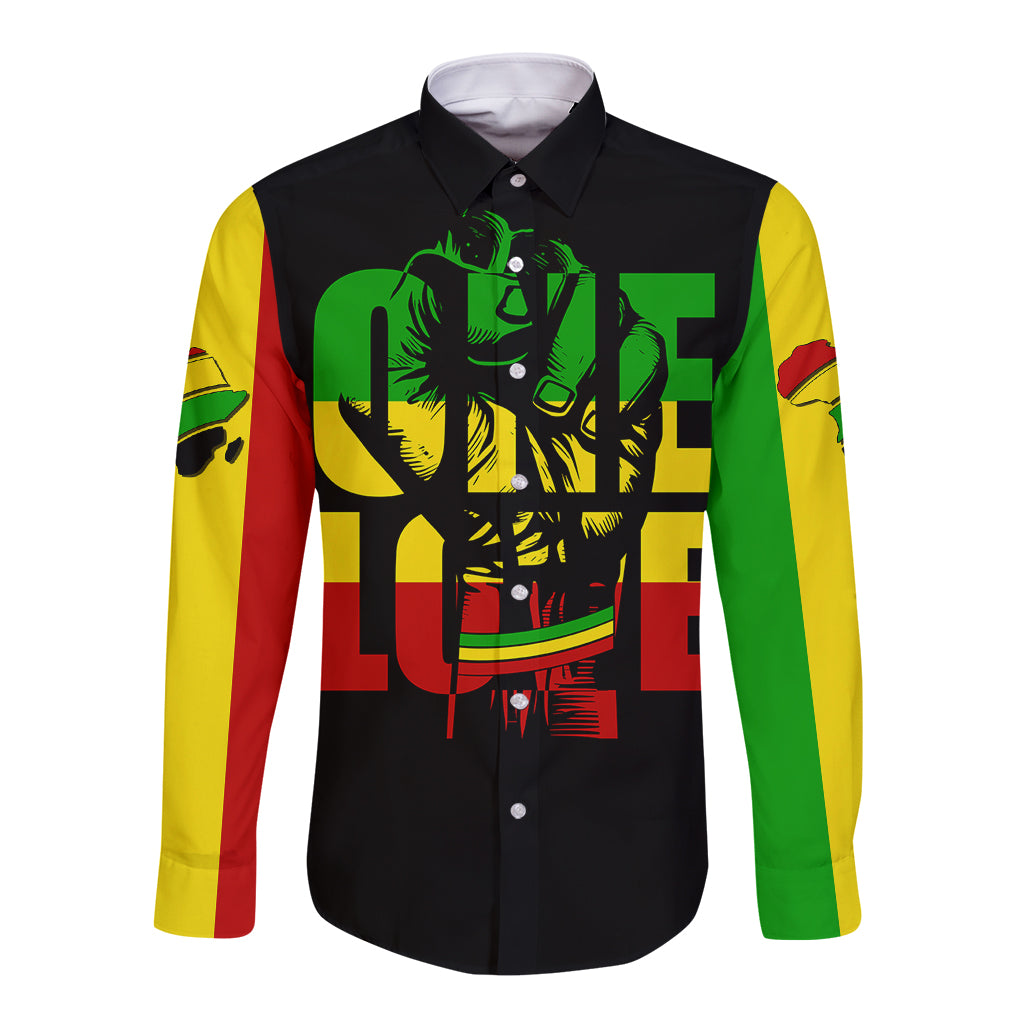 Black long sleeve button shirt with reggae-style lion graphic on front, point collar