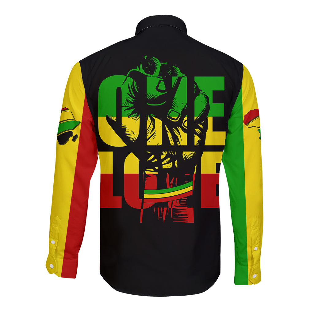 Black long sleeve button shirt with large back lion graphic, full-length sleeves, collar