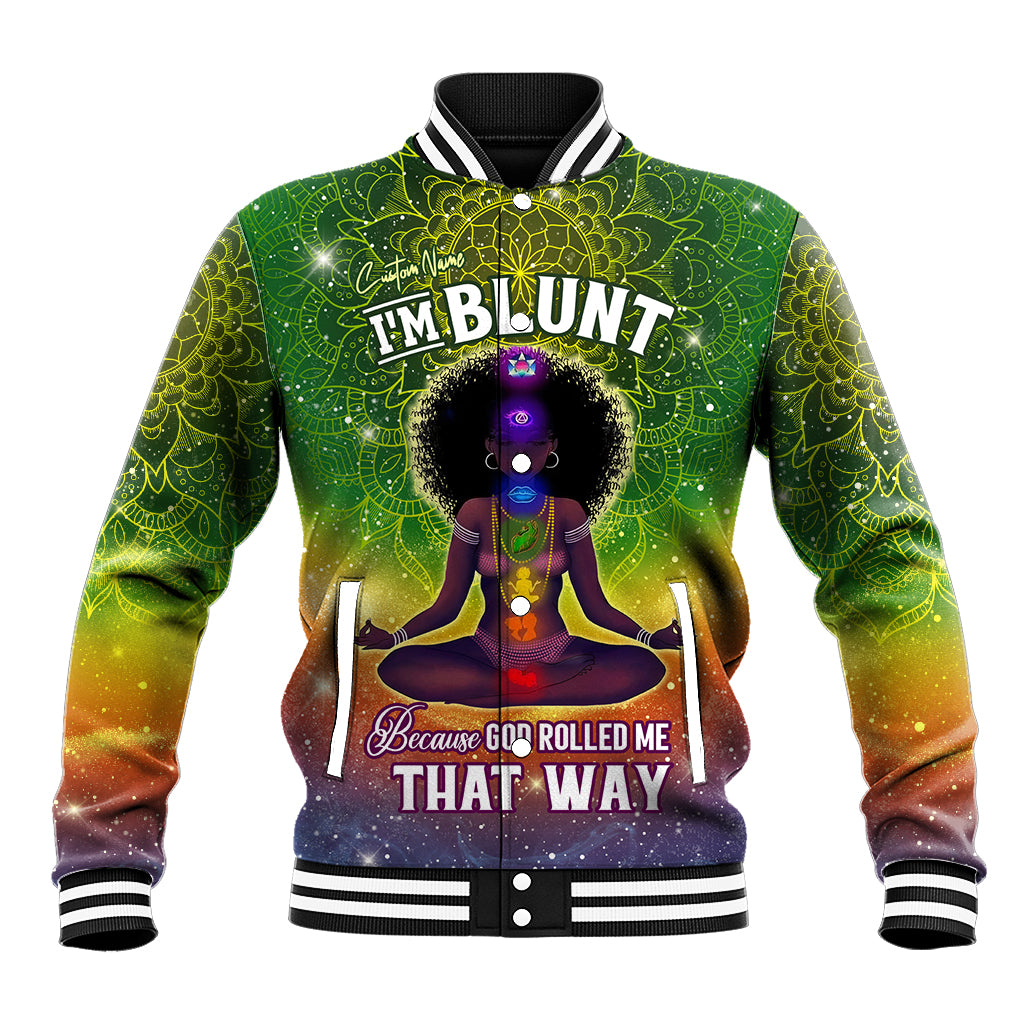 Green mandala print baseball jacket with ribbed striped collar, cuffs, and snap front