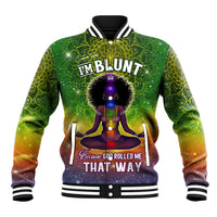Green mandala print baseball jacket with ribbed striped collar, cuffs, and snap front