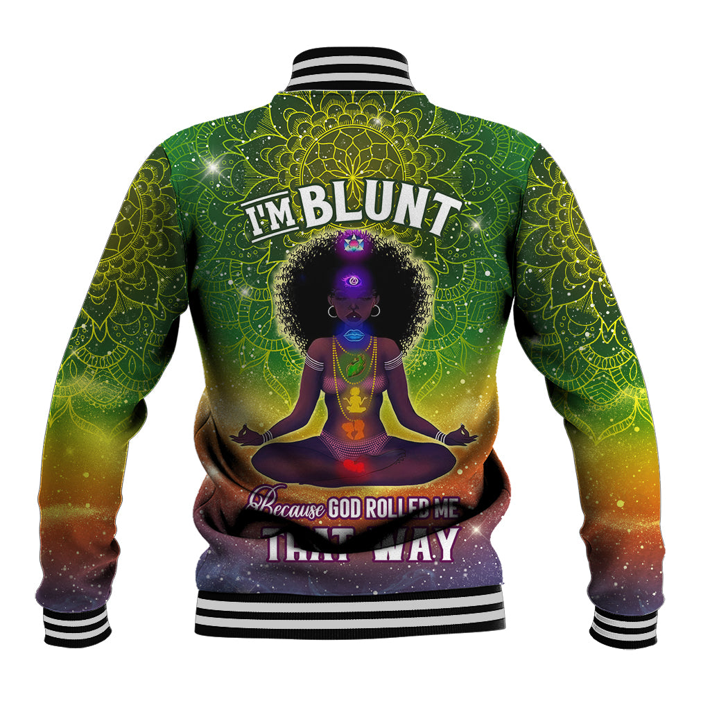 Green mandala print baseball jacket with ribbed striped collar and full back graphic art