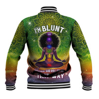 Green mandala print baseball jacket with ribbed striped collar and full back graphic art