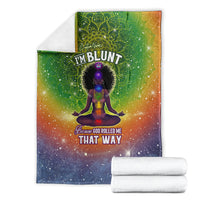 Folded green galaxy mandala yoga graphic blanket with 'I'M BLUNT' and 'THAT WAY'