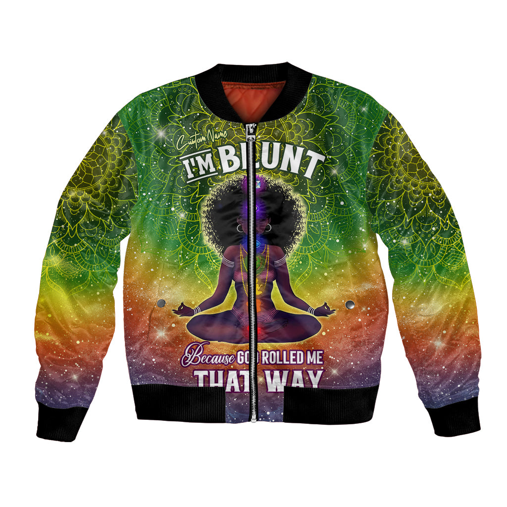 Green bomber jacket with full-zip front, mandala print, central figure, ribbed cuffs
