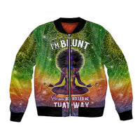 Green bomber jacket with full-zip front, mandala print, central figure, ribbed cuffs