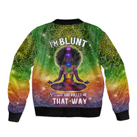 Green bomber jacket with ribbed collar and hem, galaxy mandala and seated figure graphic