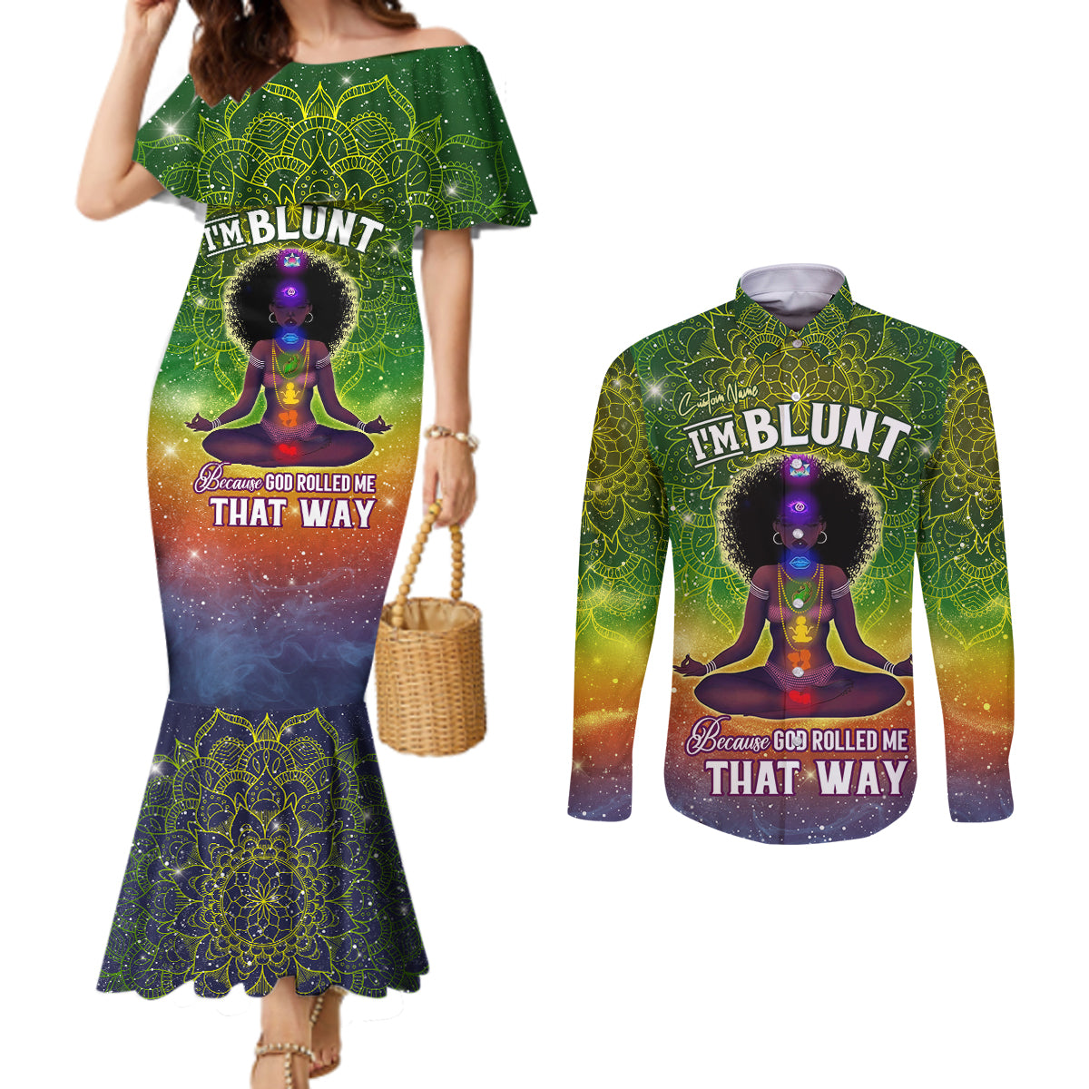 I'm Blunt African Couples Matching Mermaid Dress and Long Sleeve Button Shirt Black Women Mandala