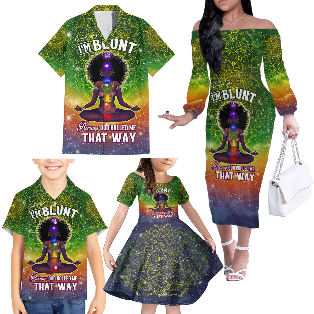 I'm Blunt African Family Matching Off Shoulder Long Sleeve Dress and Hawaiian Shirt Black Women Mandala