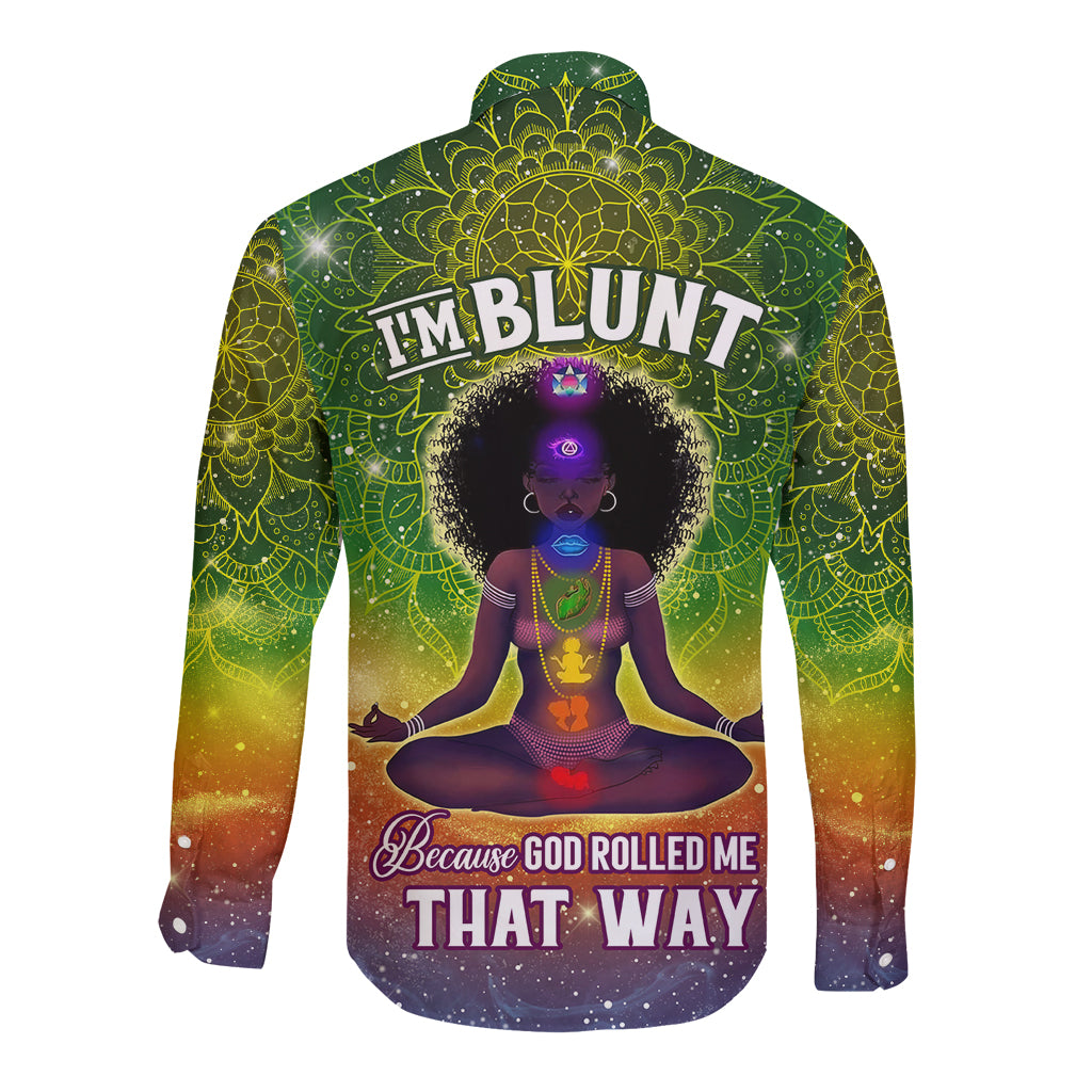 Green hooded long-sleeve shirt with I'M BLUNT text and vibrant mandala figure print