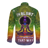 Green hooded long-sleeve shirt with I'M BLUNT text and vibrant mandala figure print
