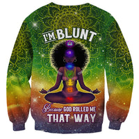 Unisex green crewneck sweatshirt with front mandala girl print and 'Because God' text