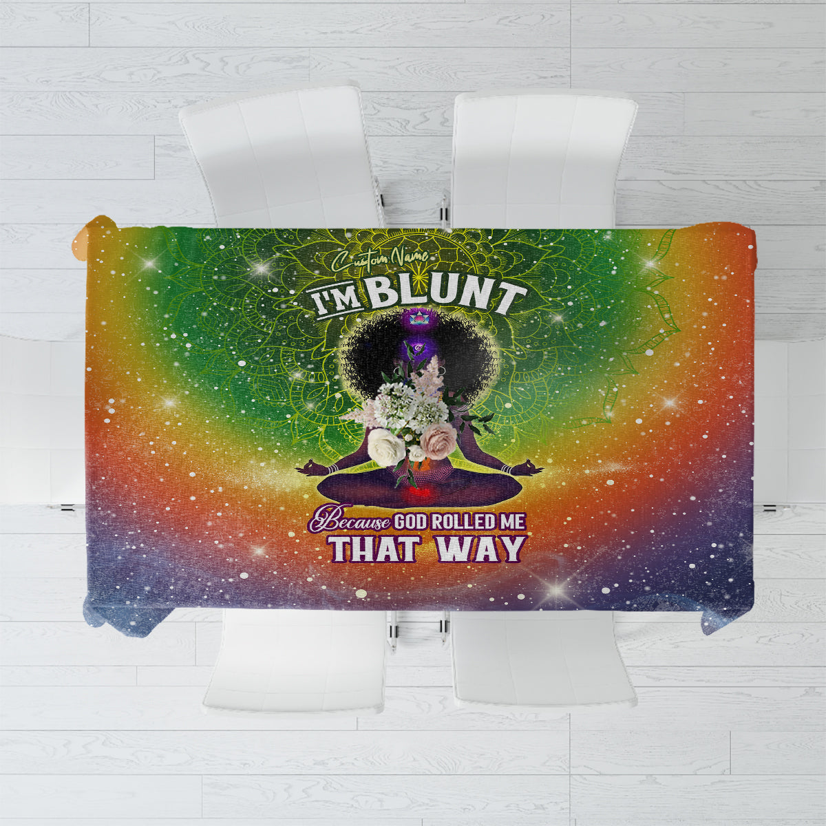 Green galaxy mandala tablecloth with vibrant sunset gradient and star speckles