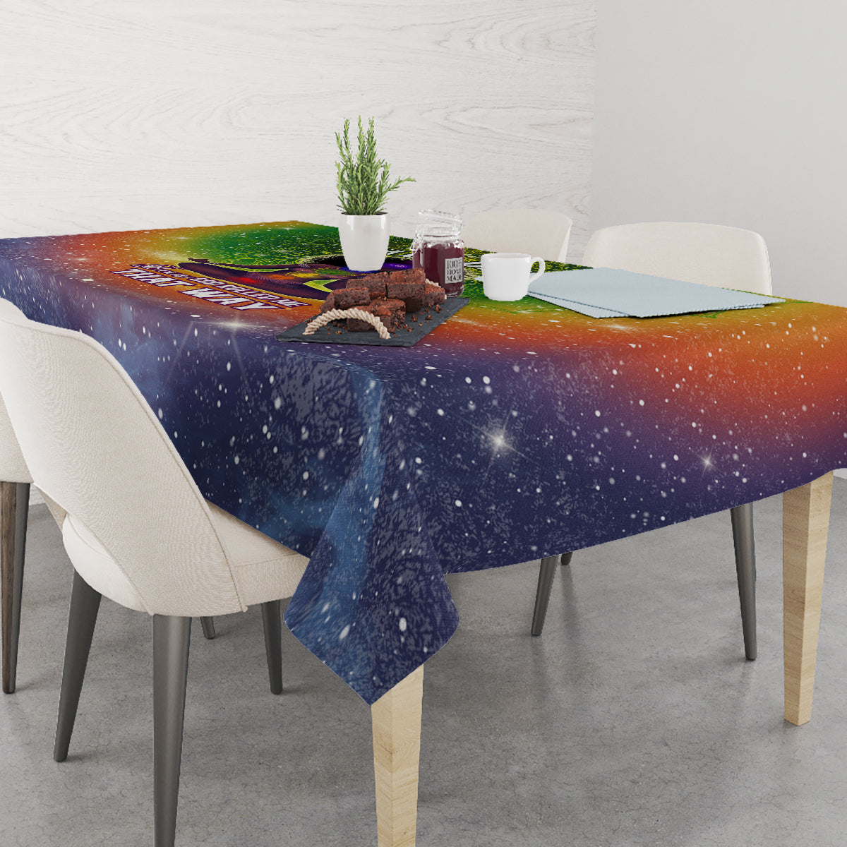 Galaxy mandala tablecloth on dining table, purple and orange nebula gradient