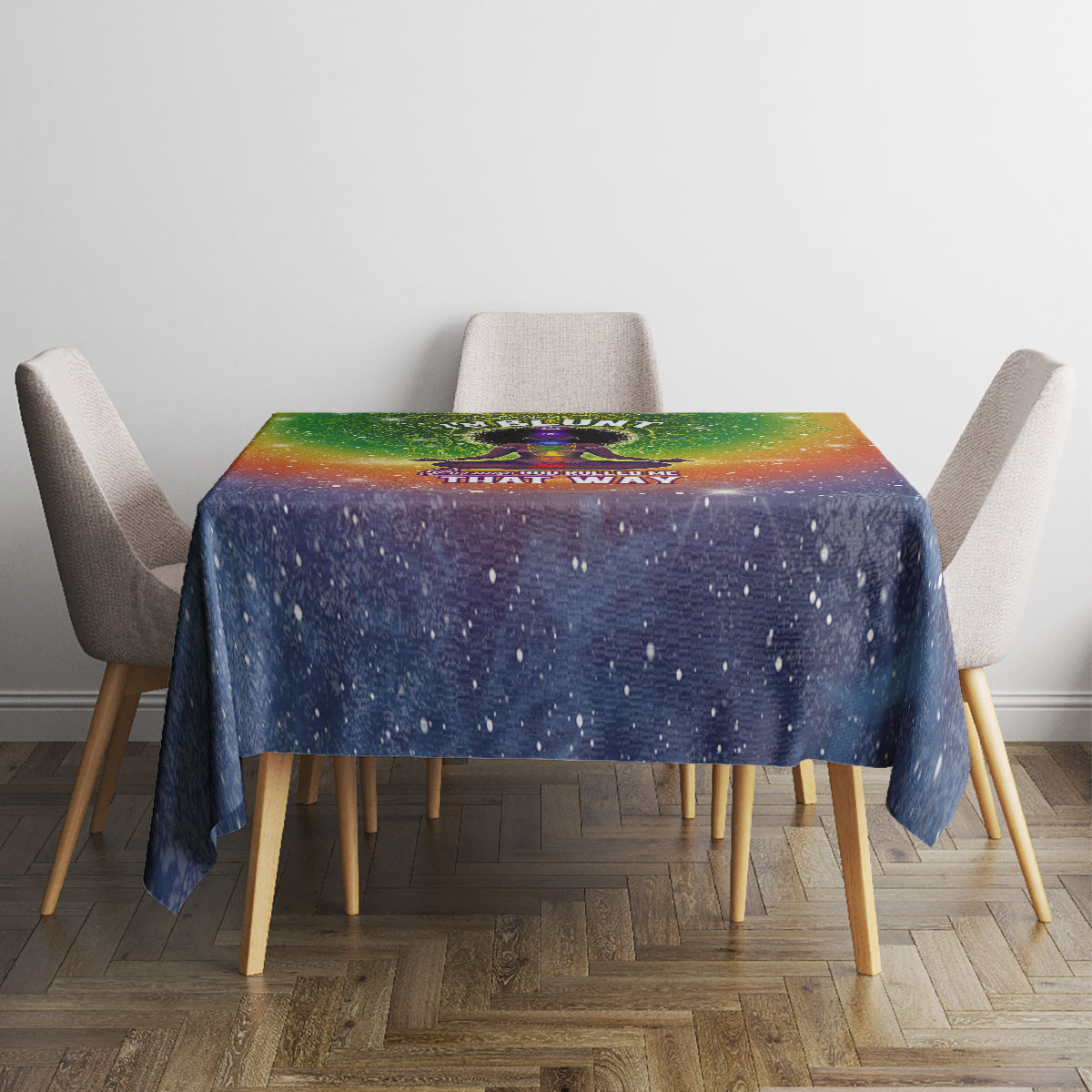 Rectangular galaxy mandala tablecloth with blue speckled center and green-orange border