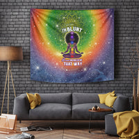 Square wall tapestry with green mandala art, seated figure, and galaxy background