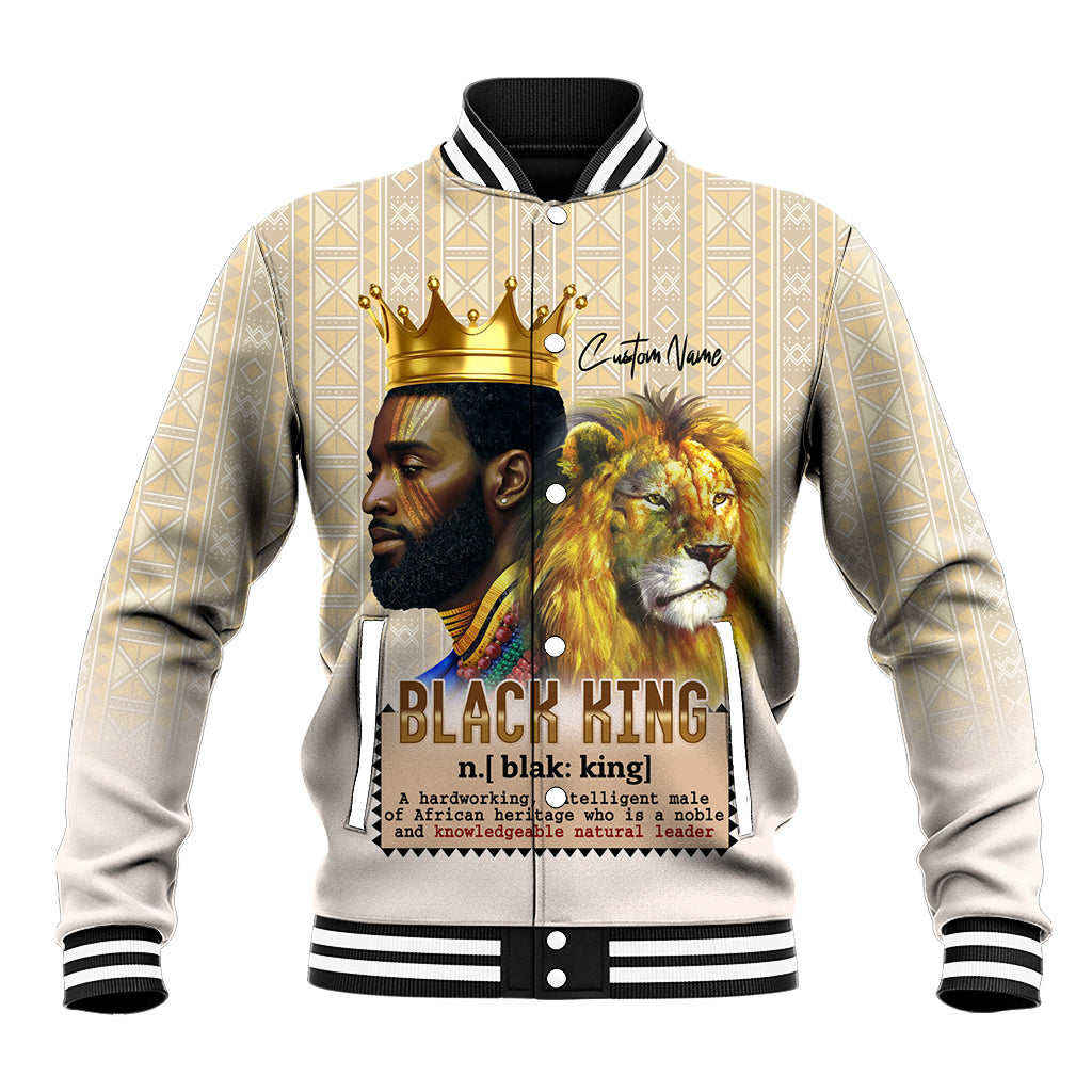 Beige varsity baseball jacket with striped ribbed collar, button front, lion and crown graphic