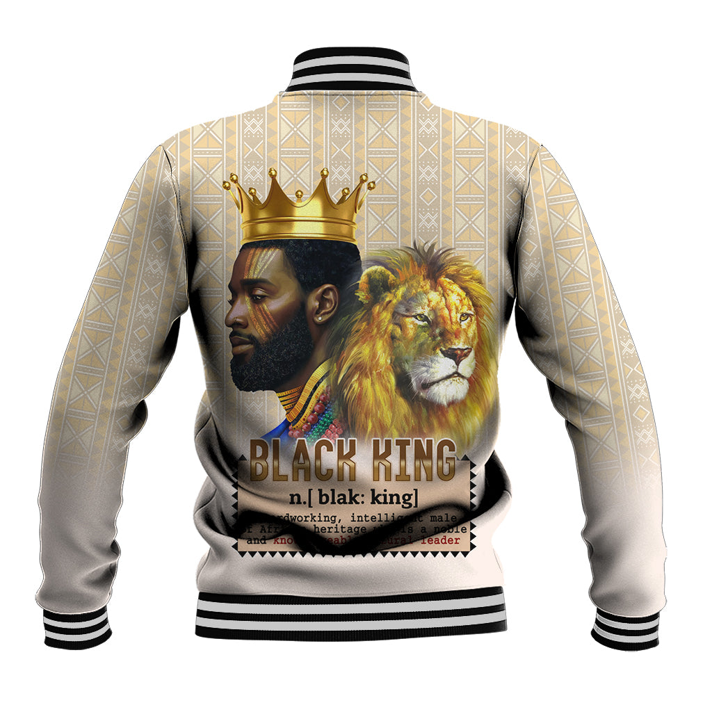 Beige varsity baseball jacket, striped ribbed cuffs and hem, lion and crown graphic on back