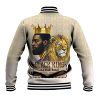 Beige varsity baseball jacket, striped ribbed cuffs and hem, lion and crown graphic on back