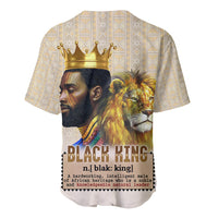 Beige baseball jersey with gold crown and lion portrait graphic on back, short sleeves