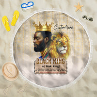 Round beige beach blanket with fringed edge and lion king graphic
