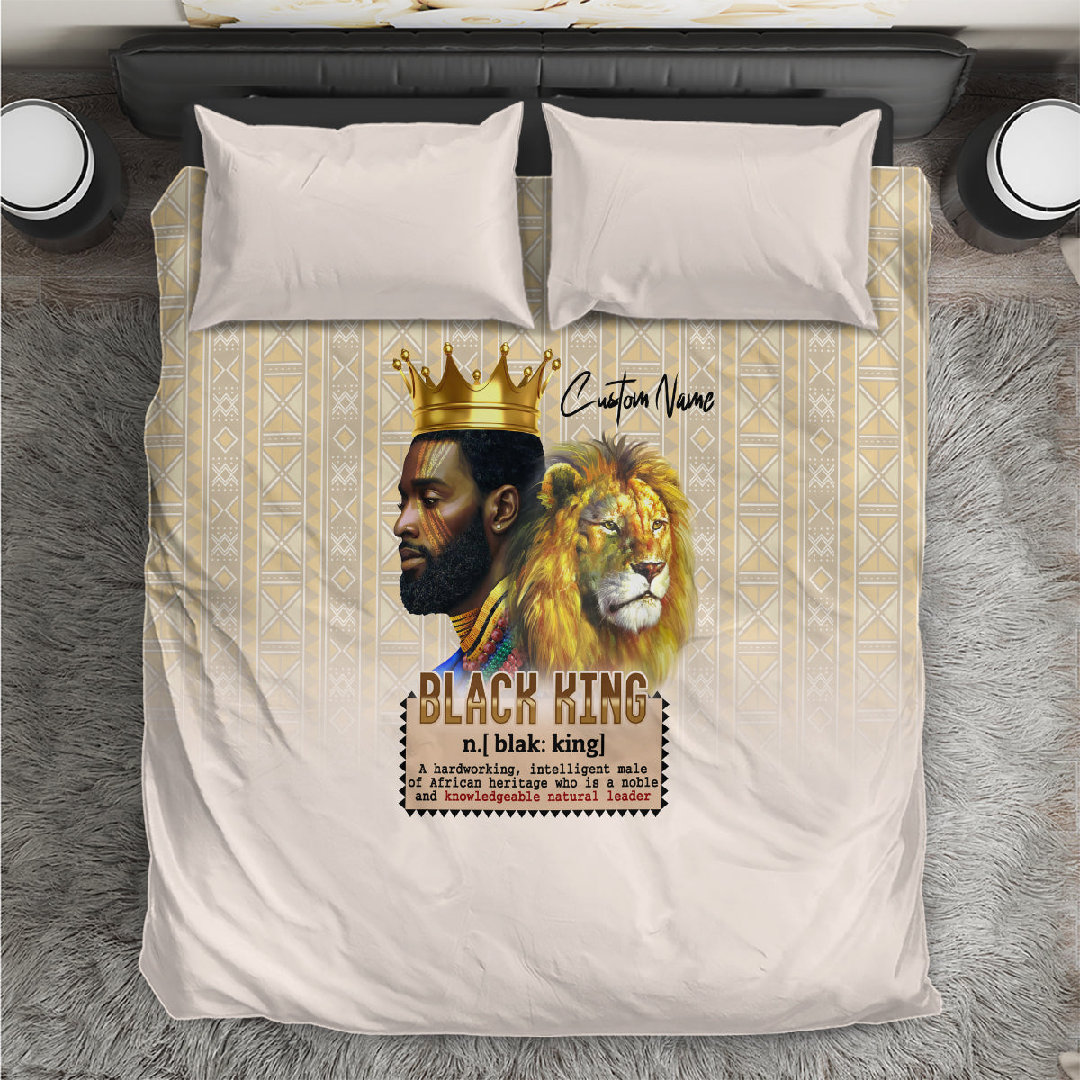 Beige king bedding set with lion and black king graphic, crown, and patterned band