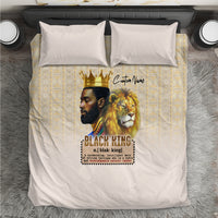 Beige king bedding set with lion and black king graphic, crown, and patterned band
